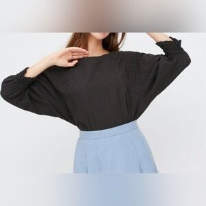 NWT Uniqlo Oversized Cotton Dobby 3/4 Balloon Sleeve Black Blouse Size Small